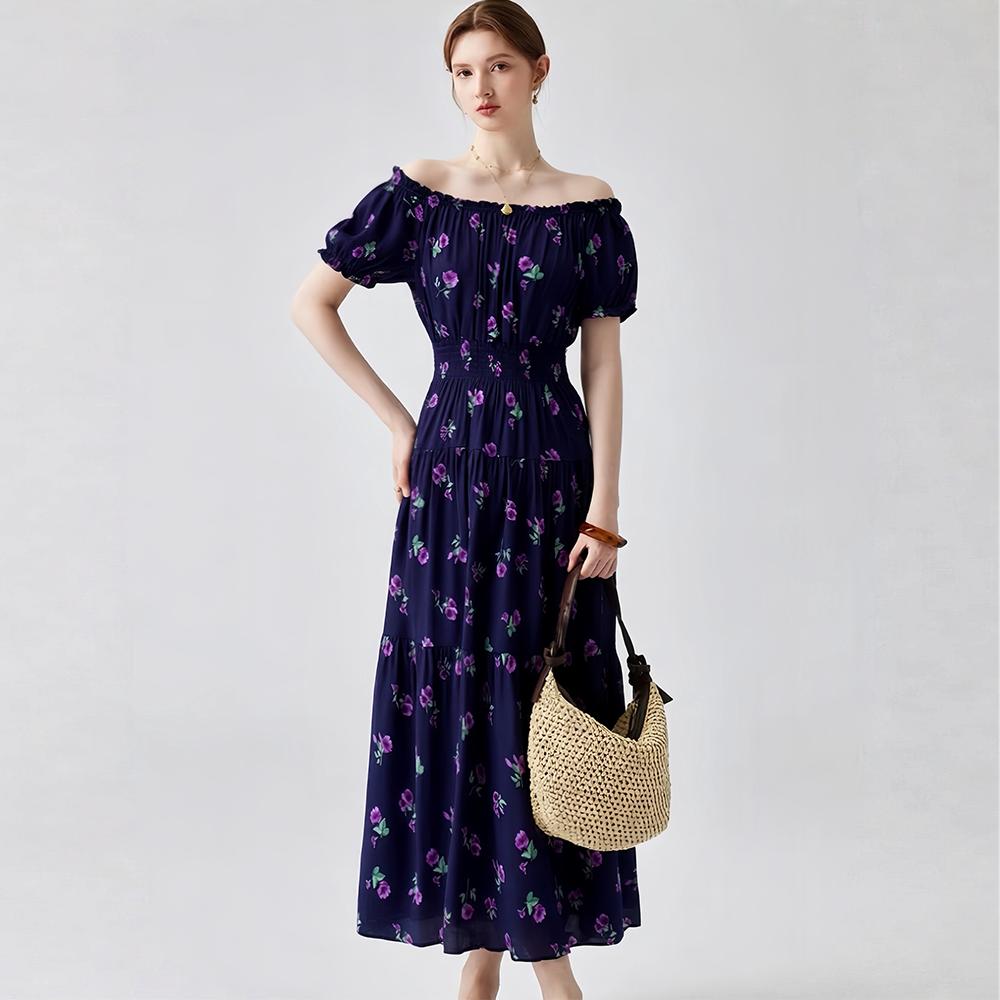 Bohemian Cotton-Silk Floral Printted Off-the-Shoulder French-Style Summer Dress for Women Ethnic-Style Elastic Waistband Pleayed Long Dress