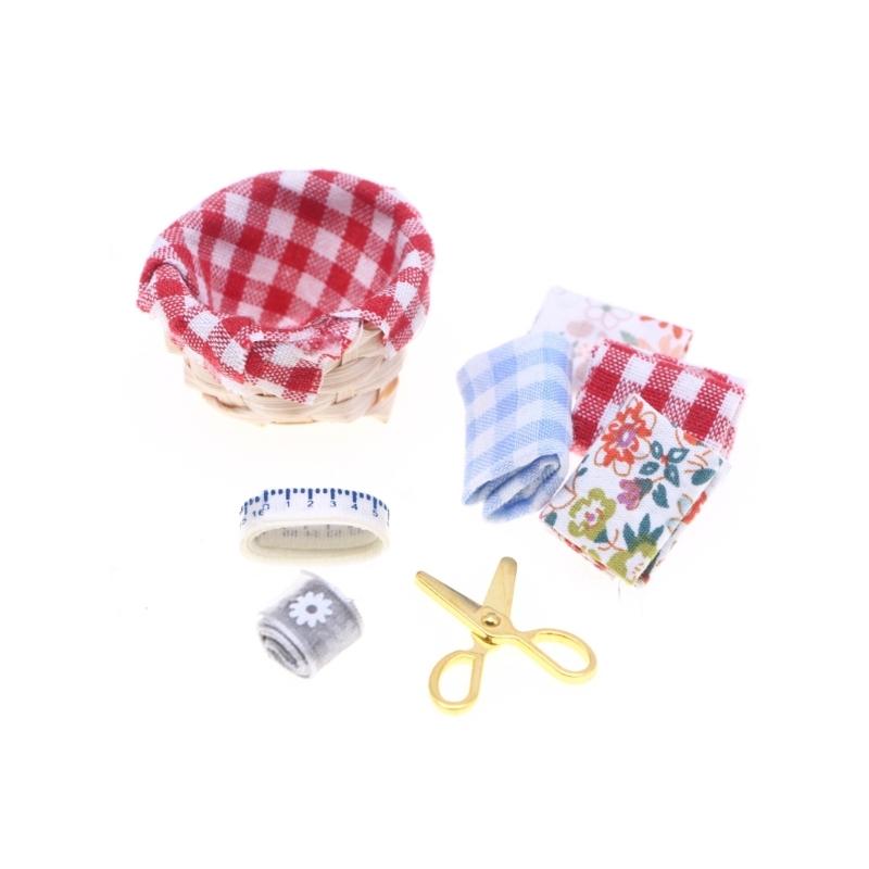 

Doll House Miniature Sewing Set Includes Fabric Basket Sewing Tool For Kids Creative Pretend Play and Fine Motor Skill 1