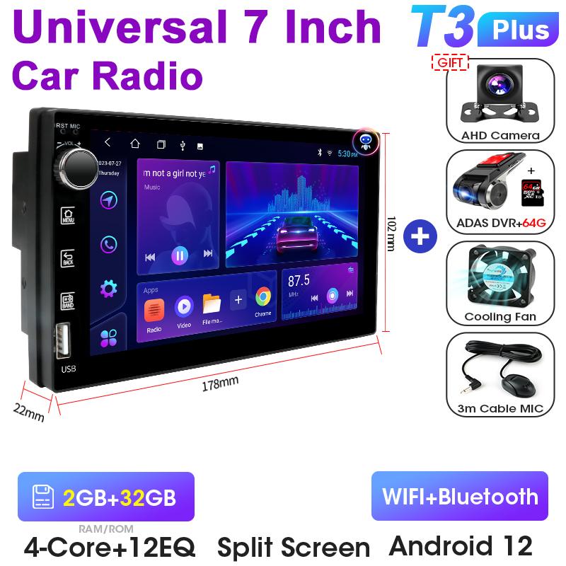 Universal 7 Inch 2 Din Android 12 Car Radio Multimedia Video Player For Nissan Kia Honda Toyota VW Ford Carplay Auto RDS DSP 4G