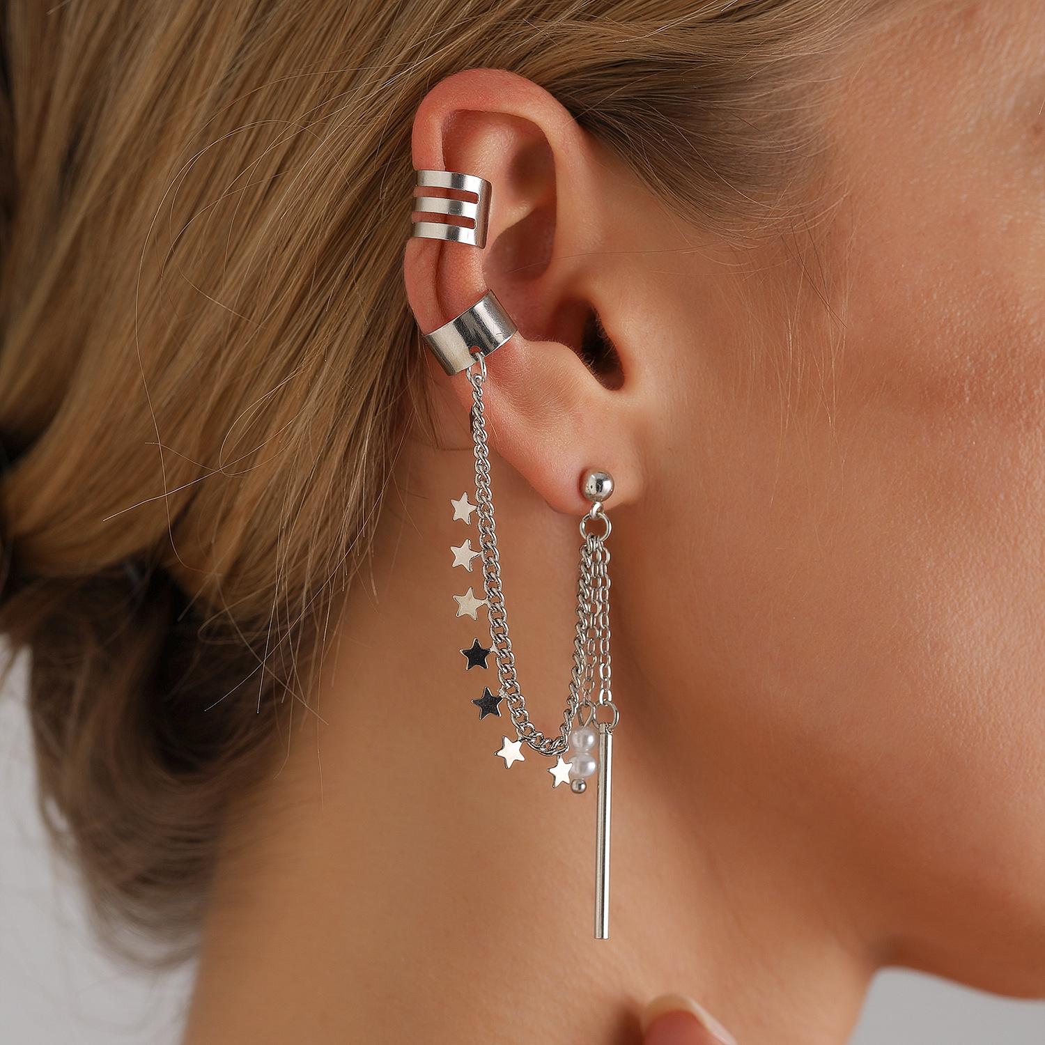 

2pcs Punk Star Tassel Clip Earrings for Women Double-layer Long Chain Cross Pendant Earrings Hip Hop Metal Chain Ear Accessories