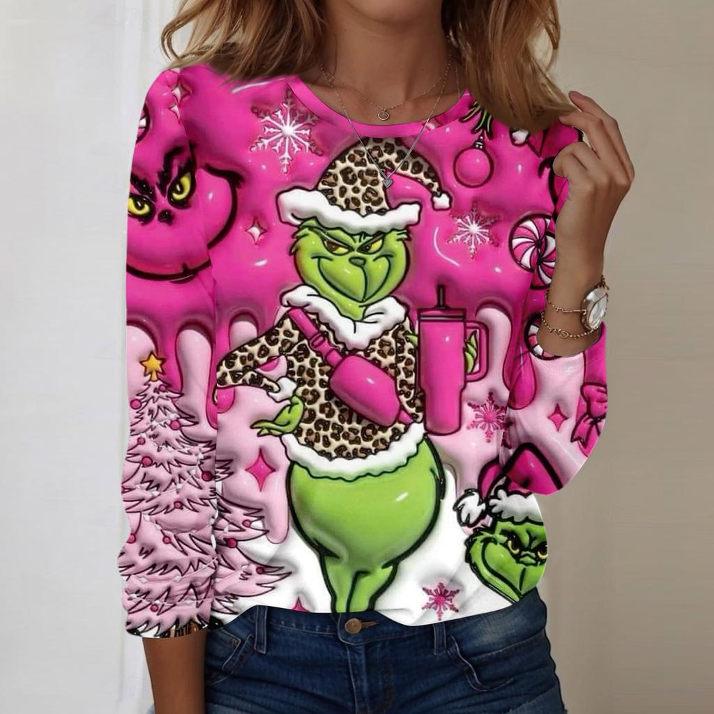 Damenmode, lässig, langärmelig, bedruckt, Rundhalsausschnitt, Pullover, Top, Bluse