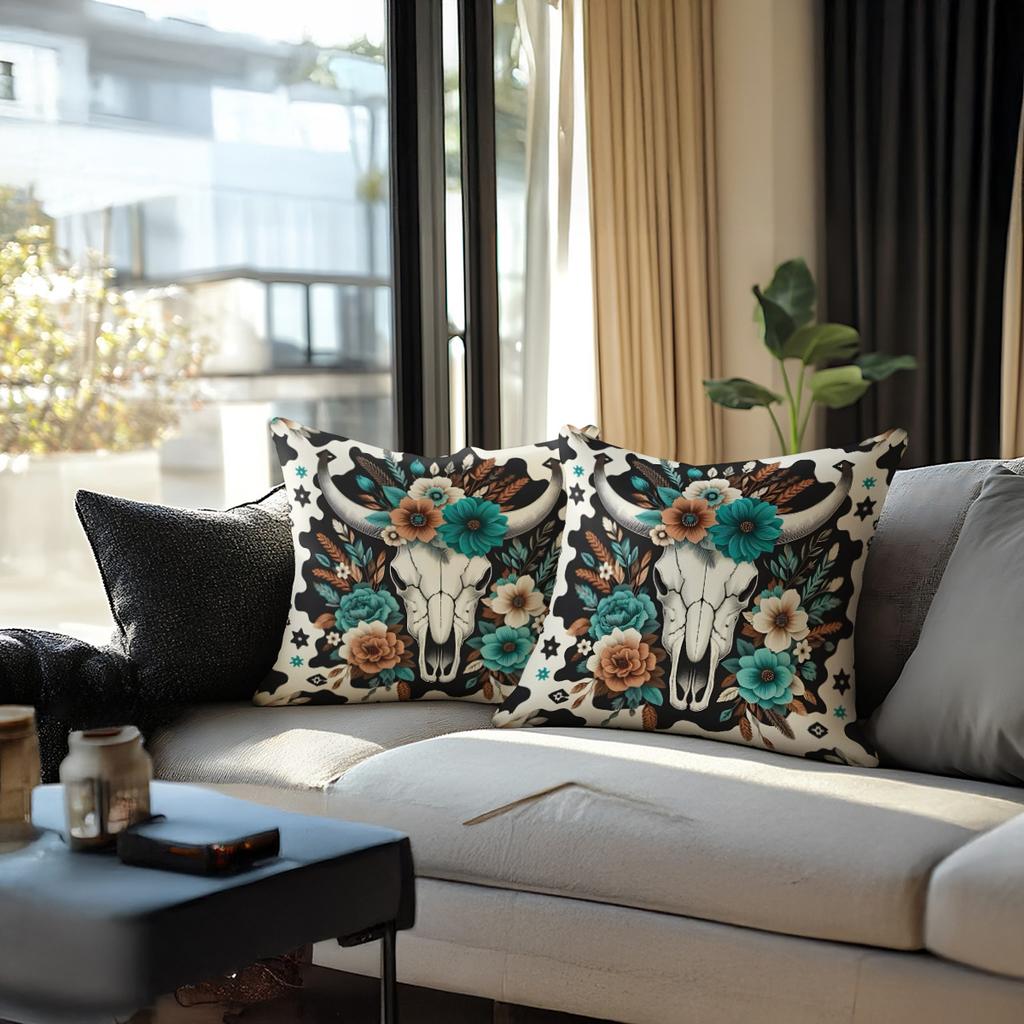 Vintage Western Cow Skull Throw Pillow Boho Sunflower Turquoise Print Decorative Cushion For Sofa Bedroom Living Room Cushion