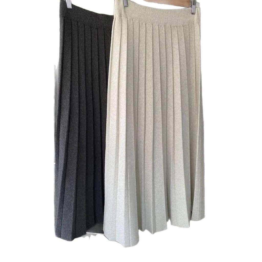 Women's Gray Mid-Length Knitted Pleated Wool Skirt - 2025 Autumn/Winter Korean Style