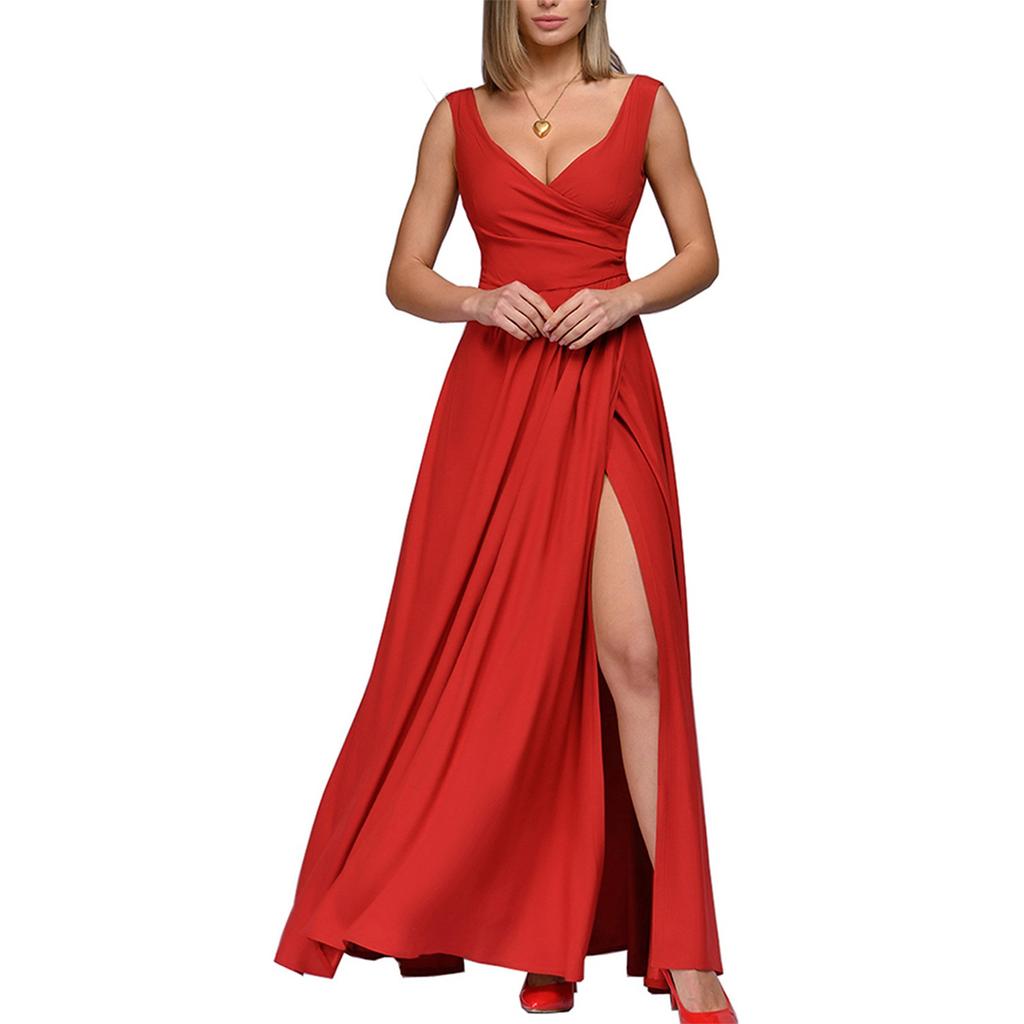 Dámské módní šaty s pevným výstřihem do V a pasem bez rukávů Společenské šaty