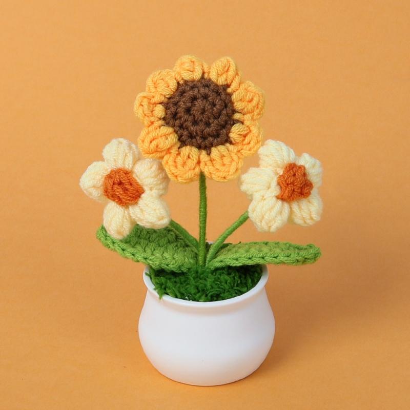 Handmade Crochet Sunflowers Potted Stuffed Plants Finished Woven Bouquet Home Desktop Decor Christmas Graduation Gifts