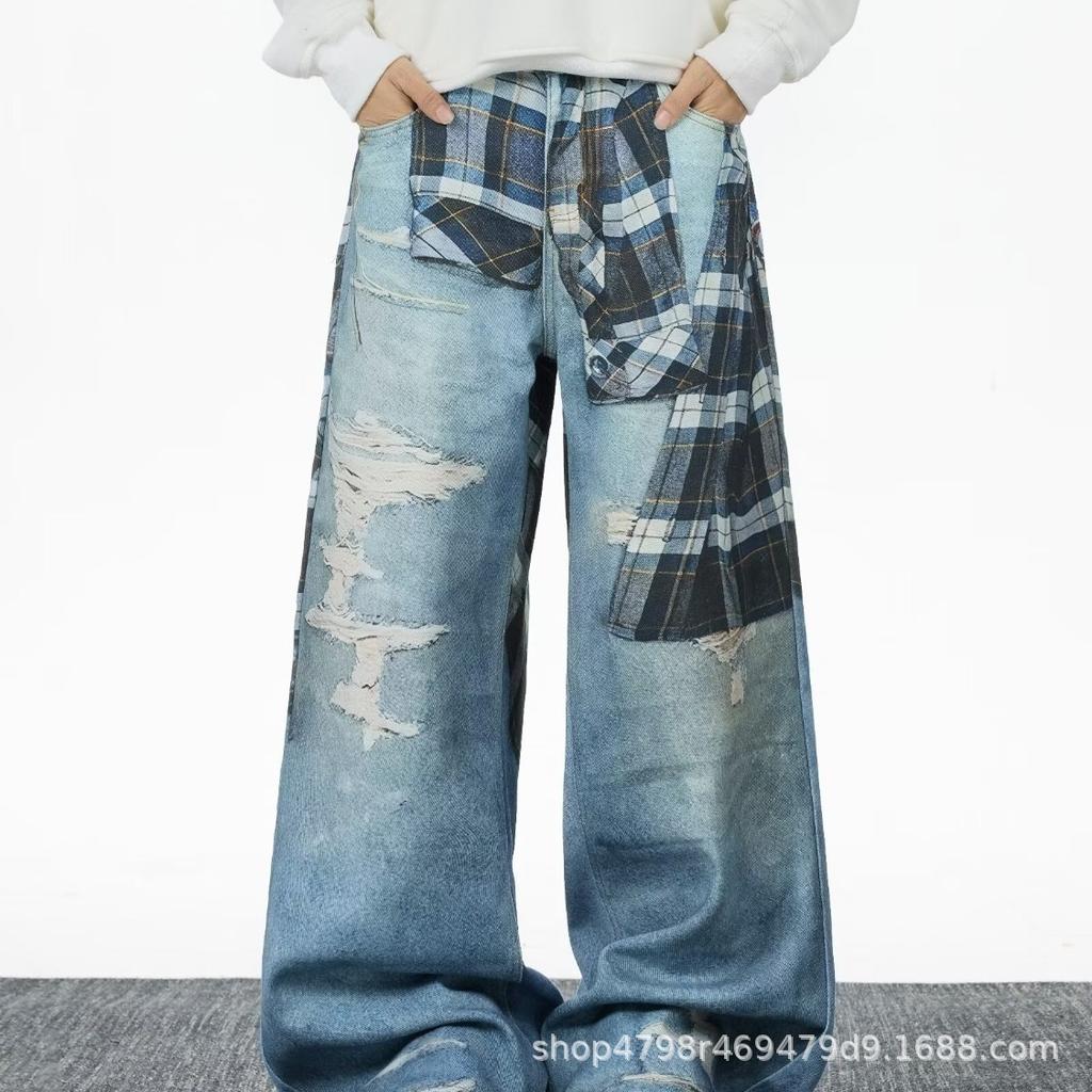 High Street Vintage Ripped Jeans ins Skinny Small Straight Wide Leg Trousers Tide Blue Spot Cotton