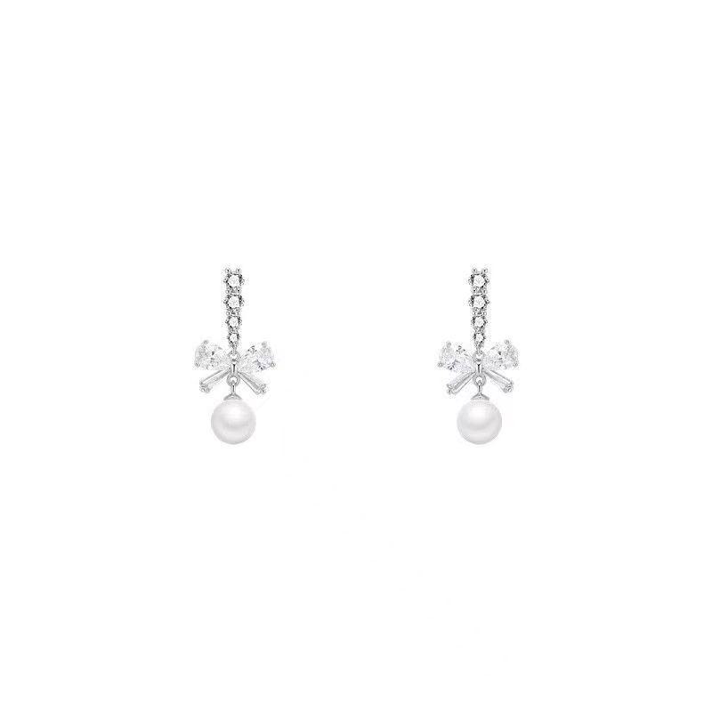 S925 Zircon Bow Pearl Pendant Earrings: Elegant and Versatile for Women