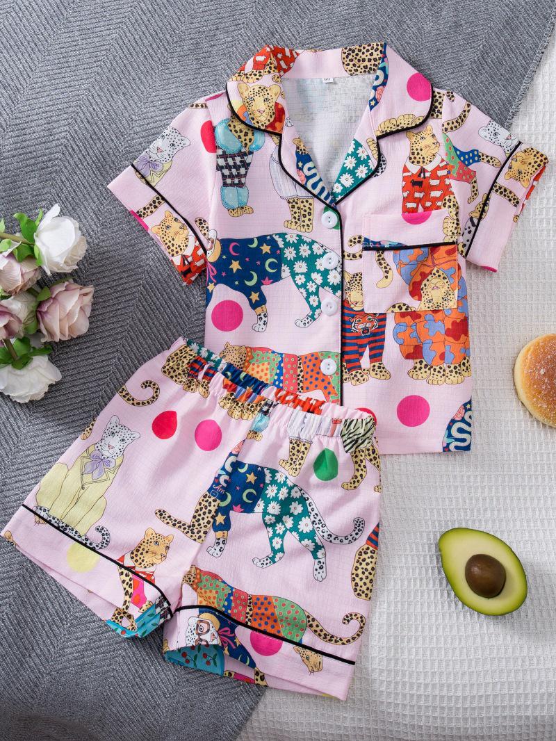 Short-Sleeved Leopard Print Pajamas for Girls - Cartoon Design Home Wear 90cm