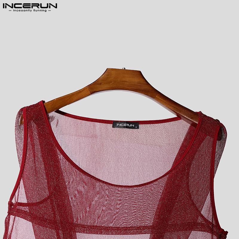 INCERUN Men Sleeveless Glitter Mesh See Through Cropped Hooded Tank Tops Partywear