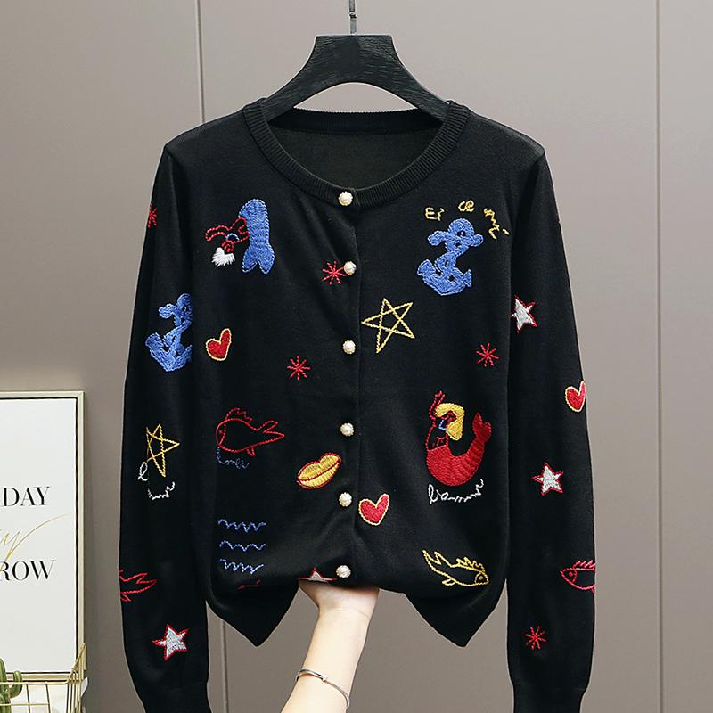 

Осінній жіночий дизайнерський однобортний в язаний светр з вишивкою Русалки пальто куртка топи One Size чорний