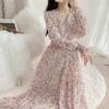 Floral Print Chiffon Dress Long Dress Women Spring New Korean Style Fairy Dress Ruffled Maxi Skirt