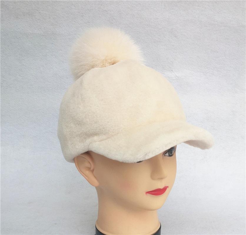 Gorra con visera para esquilar ovejas para otoño e invierno para mujer, nuevo gorro cálido de lana, gorro de piel con bola de piel de zorro real