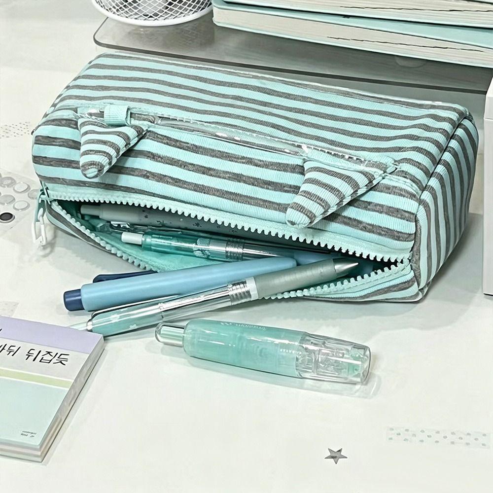 INS Mint Green Stripe Pencil Case Large Capacity Devil Horn Pen Bag with Transparent Pocket Stationery Bag Students