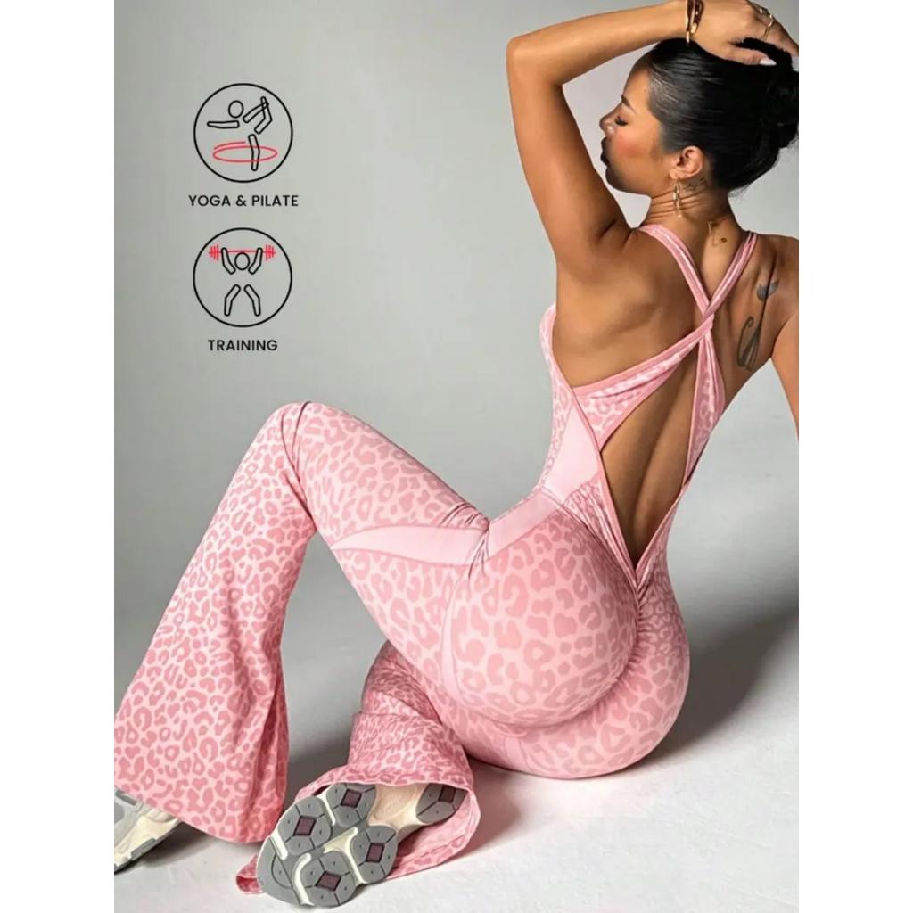 Neuer Jumpsuit mit Kreuzrücken und Leopardenmuster, ausgestellte Hosen, nahtlose Yogahose für den täglichen Gebrauch und Outdoor-Sportarten