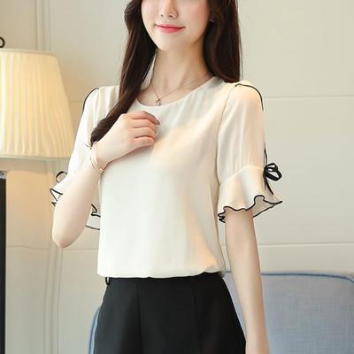 Short Sleeve Summer Tops Fashion Women Blouse Shirt Bow Sweet Top Women's Clothing Pink Apricot O-neck Chiffon Blouses