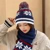 Koreansk Retro Stickad Ullmössa & Halsduk Set - Vinter Snöflinga Ränder