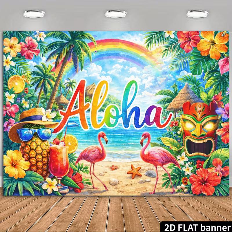 

2D Summer Hawaii Aloha Tiki Mask & Flower Photo Booth Background 47.2x31.5inch/120*80cm