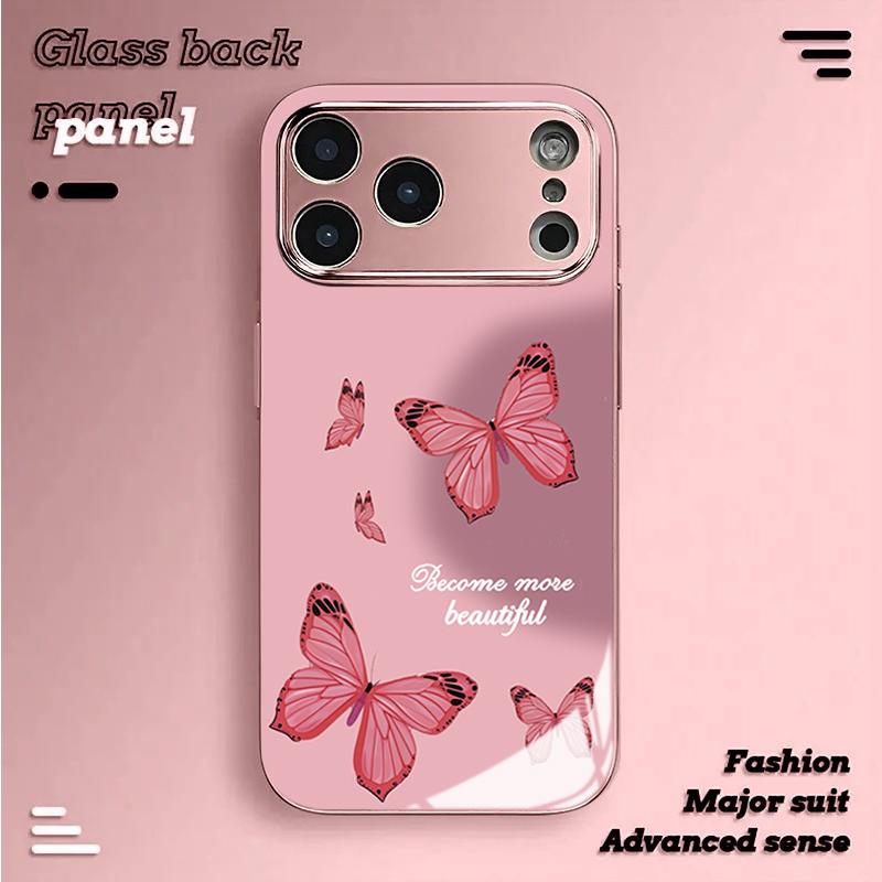 Cute Pink Butterfly Tempered Glass Phone Case for iPhone 17 Pro Max 16 15 14 Plus 13 12 11 Pro Max 16E 17Air Protection Cover