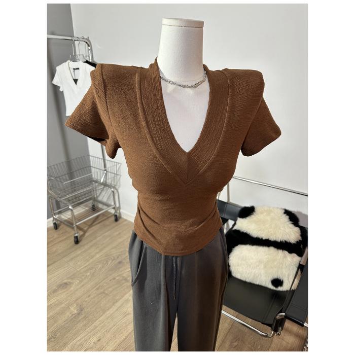 

Женская летняя облегающая футболка с глубоким V-образным вырезом, короткими рукавами и подплечниками, 2025 Large хаки