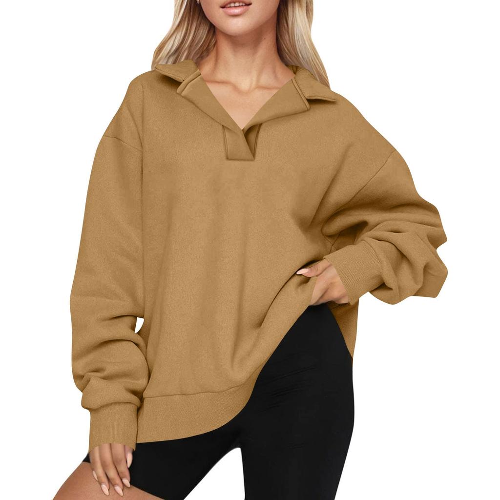 Women's Fashion Long Sleeve Solid Color V-Neck Loose Sweatshirt Top