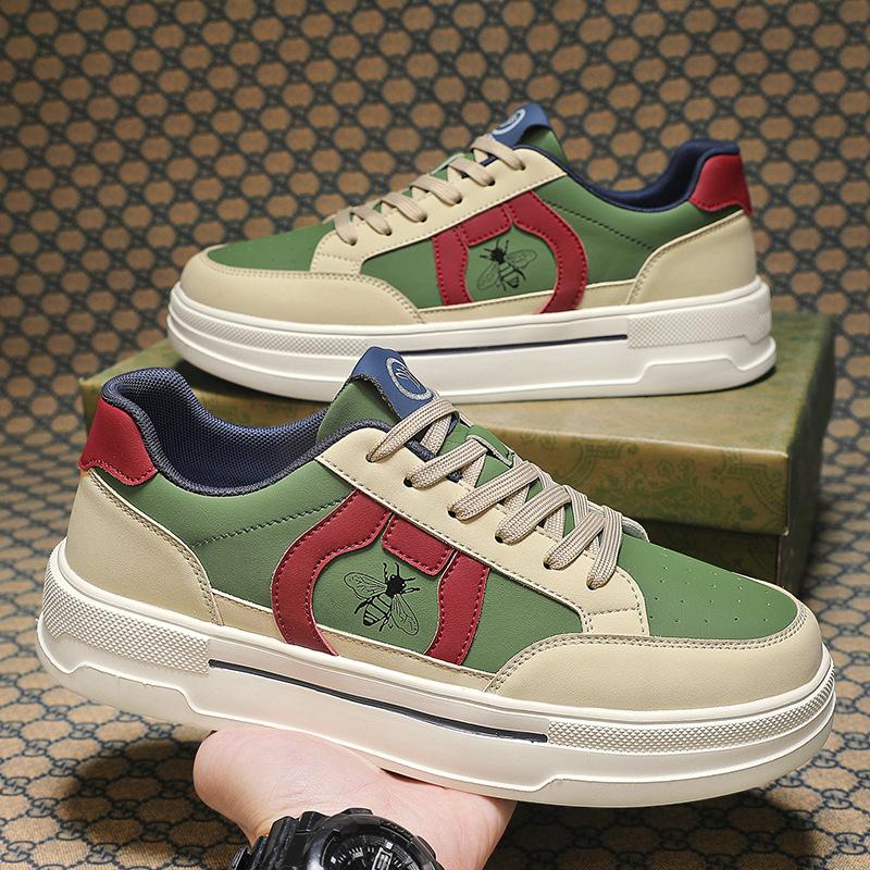 

European New Shoes for Men Leather Casual Shoes Fashion Patchwork Flat Skateboard Shoes Youth Lace-up Sneaker 45 зелёный