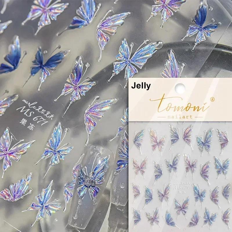 Gradient White Pink Butterfly Flower Shiny Stars Chic Spring Petal 5D Soft Adhesive Nail Art Stickers Decorations Manicure Decal