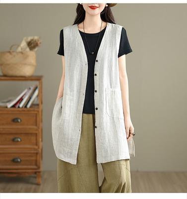 Summer Women's Cotton Vest Mid-Length Cardigan Vest