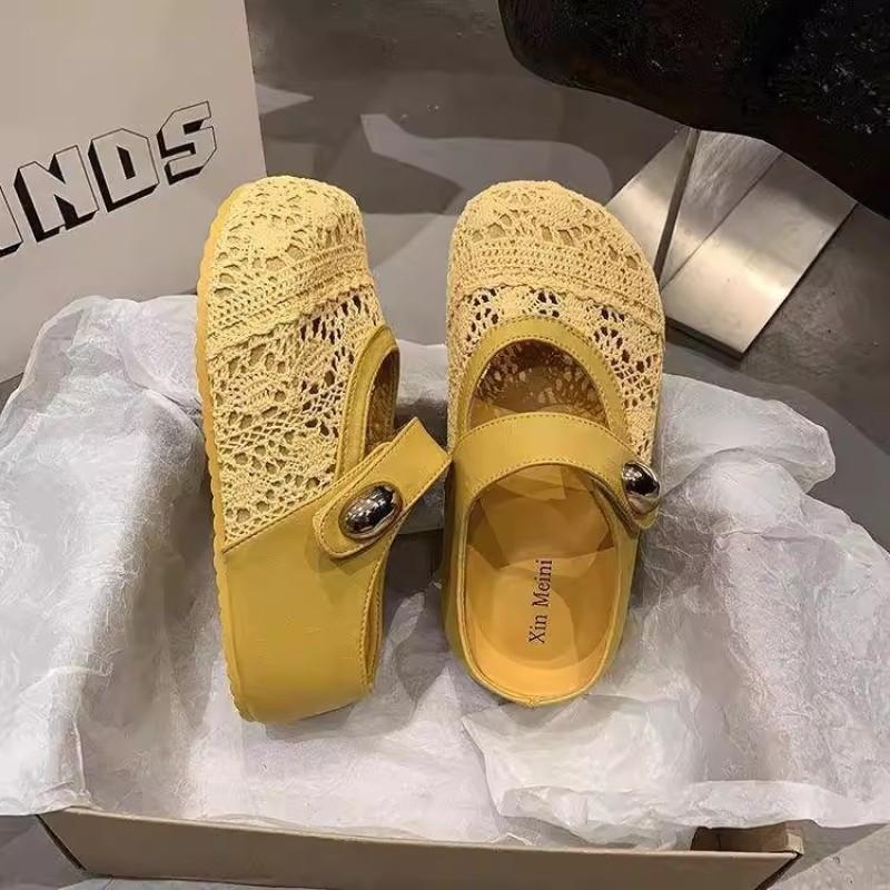 Thick-bottomed bag head hollow inner height increase half slippers women wear new summer breathable mesh surface one pedal sandals