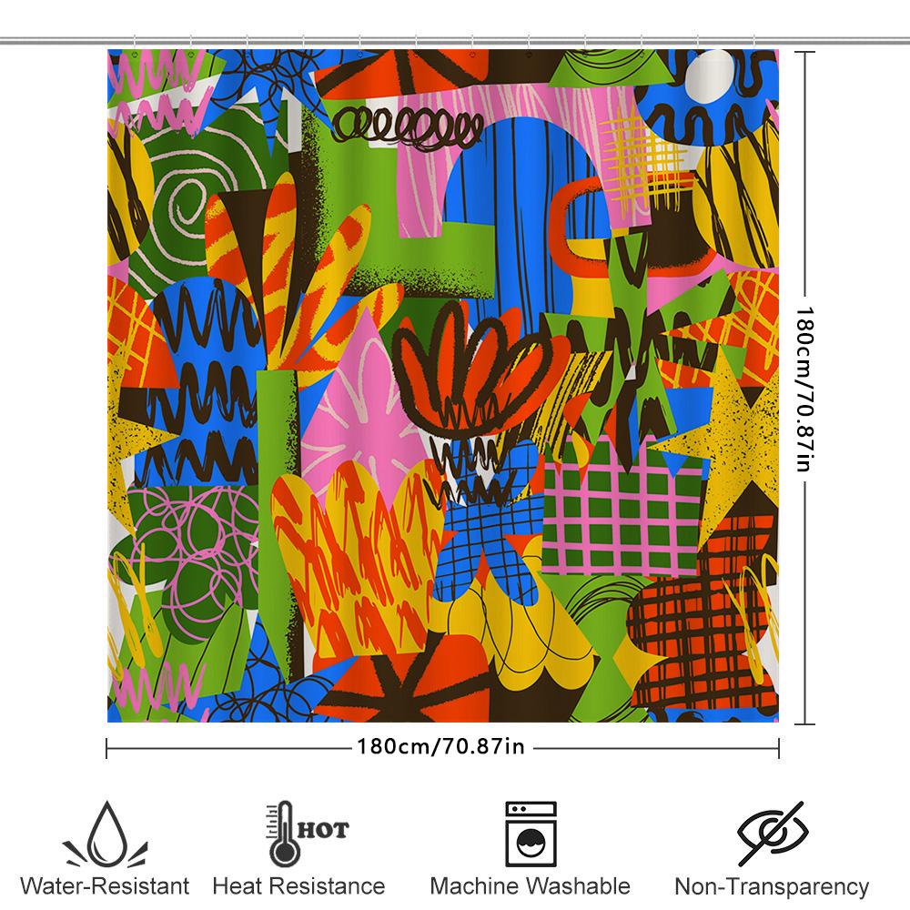 Colorful Shower Curtain Set: Abstract Artistic Bathroom Decor With Hooks Orange Blue Green Yellow Red Black White 72X84 In (180C