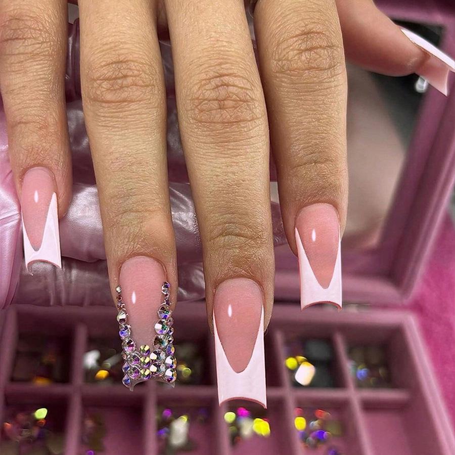 

European & American Flash Diamond French White Edge Long Nail Art Tips