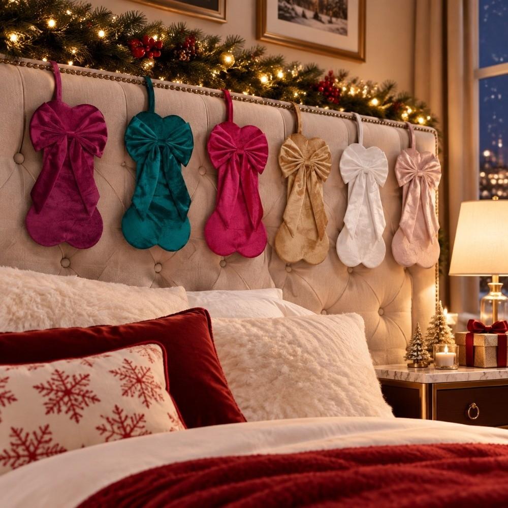 Home Decoration Bow Christmas Stocking Velvet Hanging Sock Ornaments Window