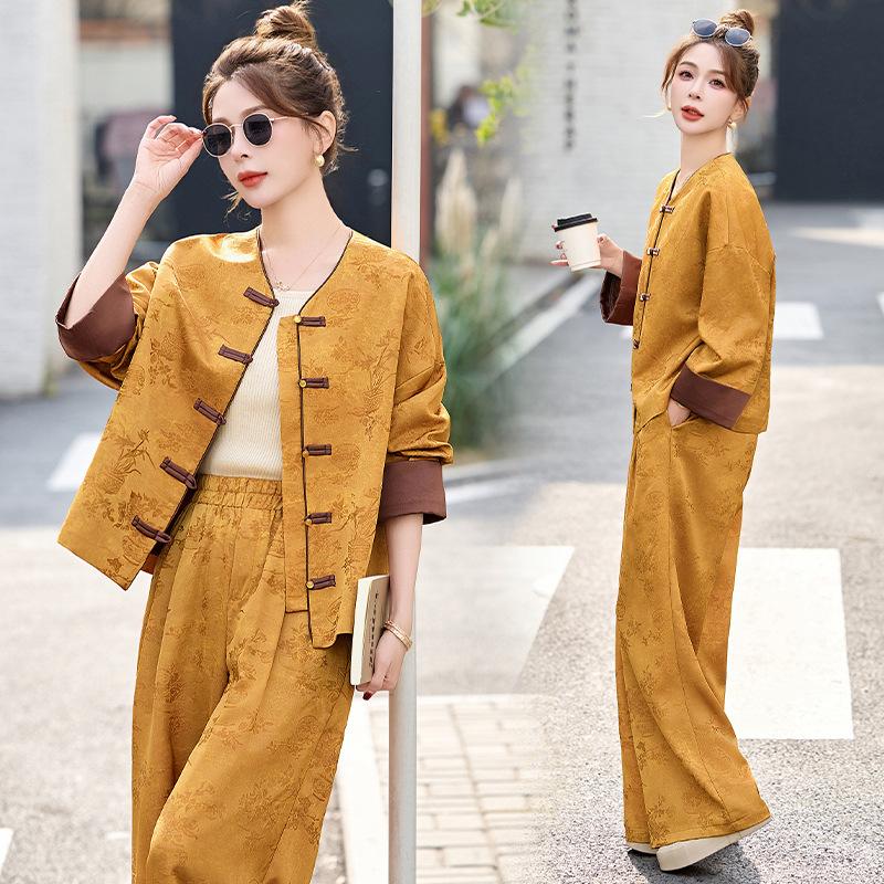 

Костюм женский весенний с новым дизайном, в стиле королевской сестры, повседневный, в стиле Тан, брюки с широкими штанинами, комплект из двух предметов XXXL