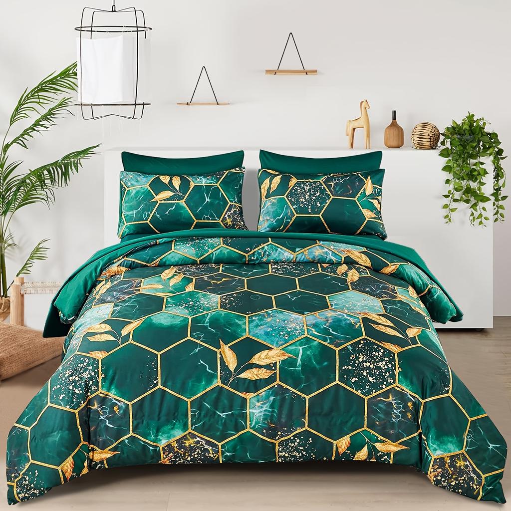 Honeycomb Duvet Cover Set Geometric Hexagon Duvet Cover Gold Leaf Bedding Set Ultra Soft Lightweight Microfiber Bedding Set