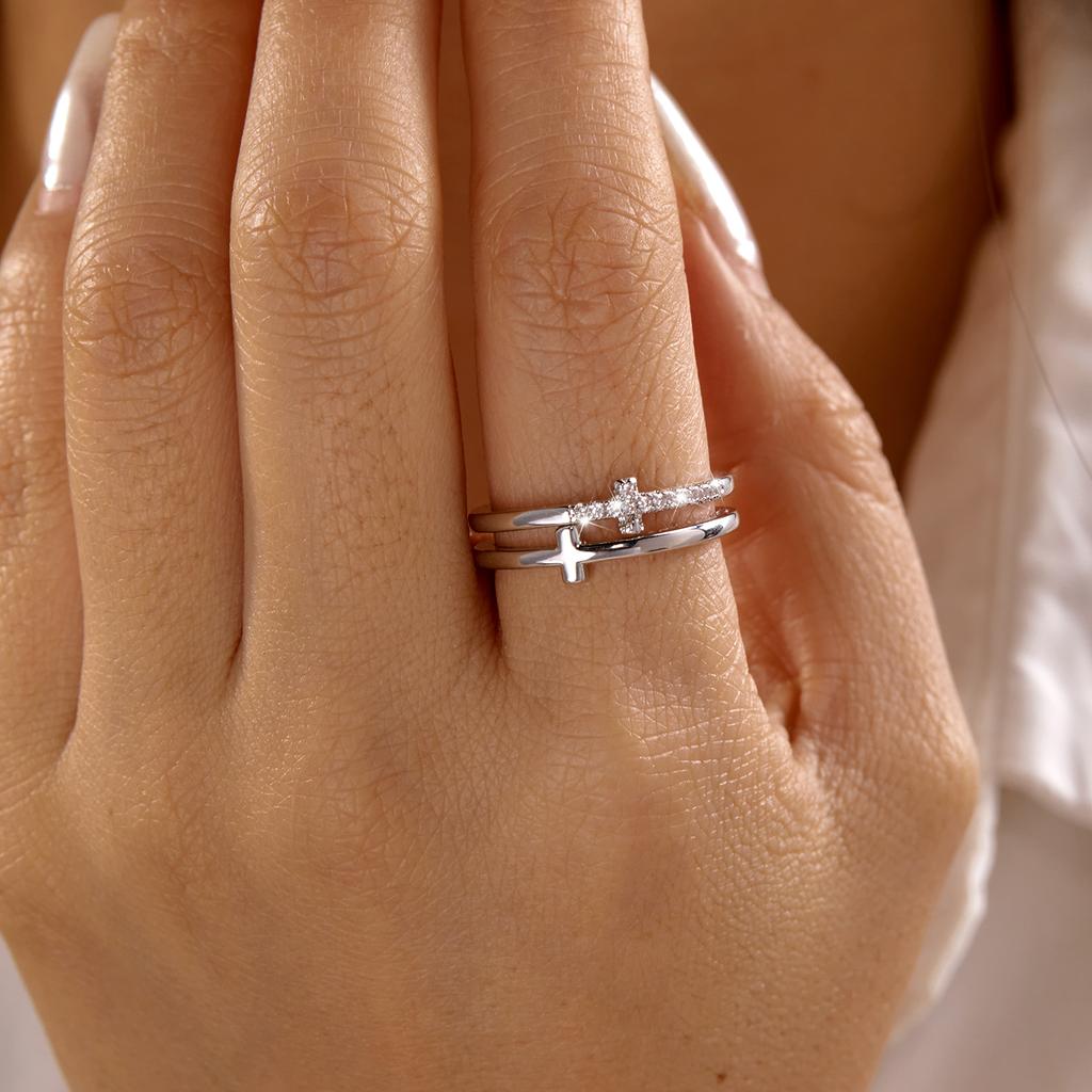 Delicate Double Band Cross Ring for Women Brass Zircon Asymmetrical Two Row Paved Minimalist Everyday Chic Jewelry