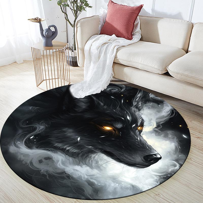 Black and White Wolf,Round Area Rug,Carpet Rug for Living Room Bedroom Sofa Playroom Decor,Non-slip Floor Mat