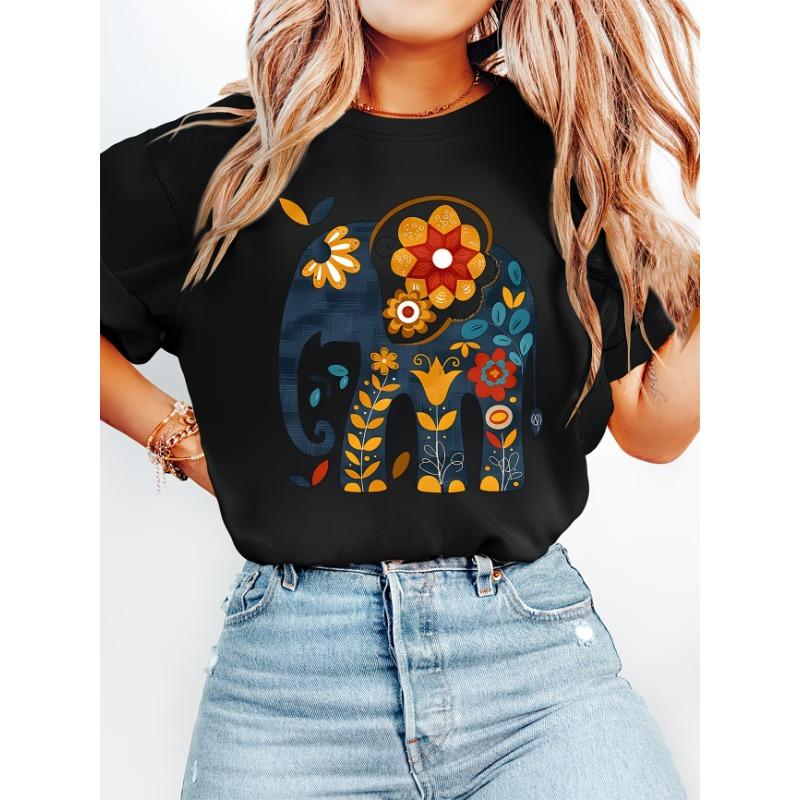 

Women s Bohemian Elephant Print T-Shirt - Soft Round Neck Short Sleeve Top with Vibrant Elephant & Floral Design XL