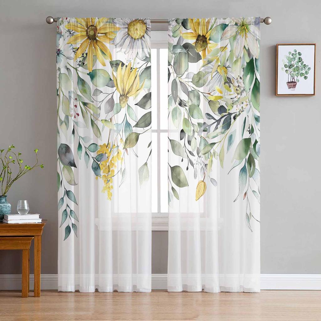 Pastoral Plants Flowers Plants Watercolor Sheer Curtain Living Room Drapes Home Bedroom Voile Curtain Tulle Window Curtain