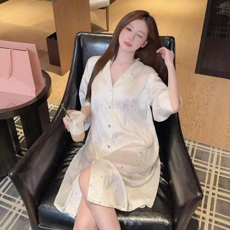 Ice silk pajamas women's snowflake thin broken diamonds spring and autumn summer new loungewear high-end lapel cardigan shirt skirt