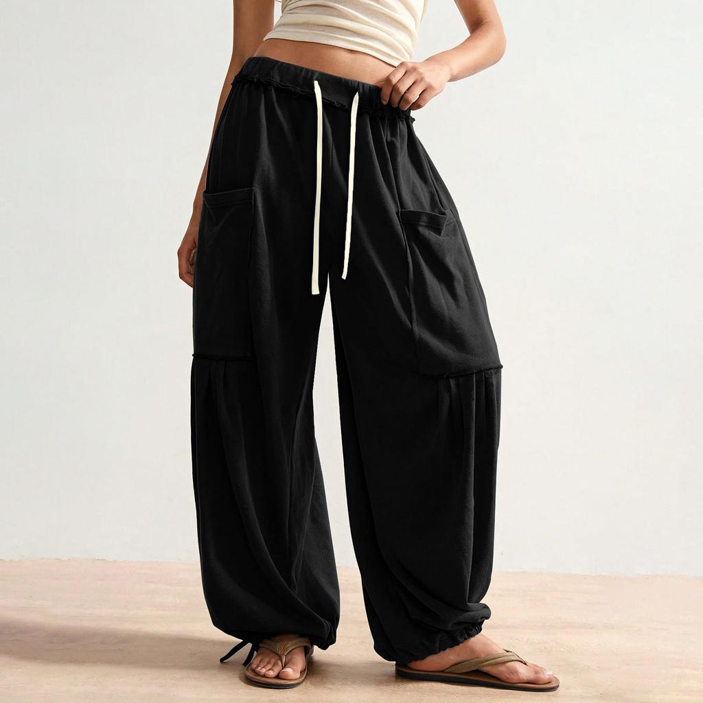 Women's Fashionable Loose Solid Color Elastic Waist Pocket Straight Leg Casual Pants