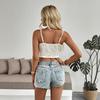 Top Cami da Donna Bianco con Bordi in Pizzo, Allacciatura Frontale, Orlo Irregolare