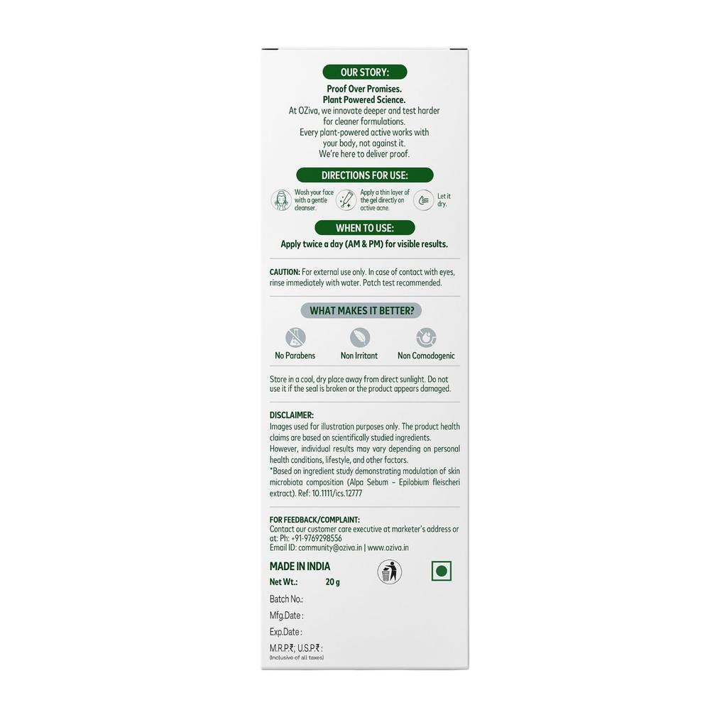 Oziva Spot Corrector for Acne with Green Tea Extract and Willow Bark, 20g