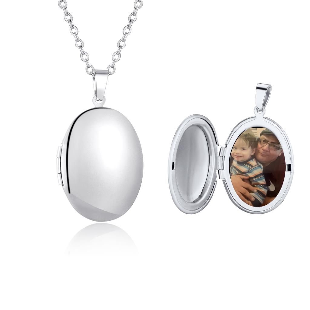 Personalisierbare ovale Medaillon-Fotoanhänger für Damen und Herren Glänzende Edelstahl-Halsketten für Muttertag Vatertag