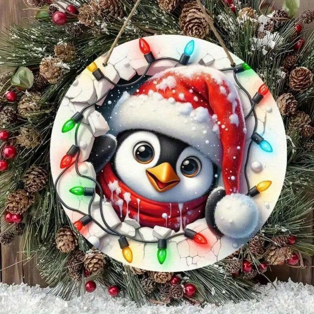 

Christmas Penguin Wreath Sign with LED, Holiday Door Wall Porch Decor, Indoor Outdoor Home Ornament 20x20 разноцветный