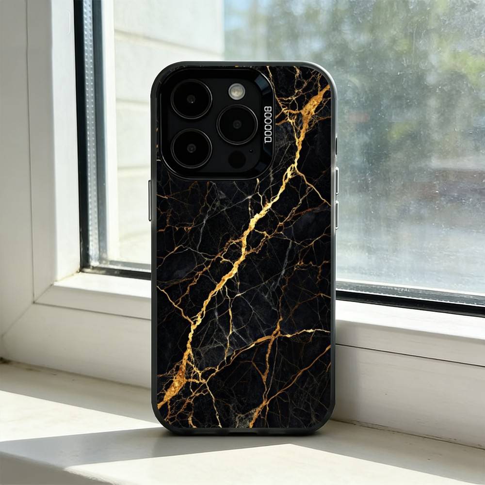 B-Black Gold Marble A-Art Phone Case For iPhone 17,16,15,14,13,12,11 Plus,Pro Max,XS,Colored Silver Plated Inside Cover iPhone17PRO