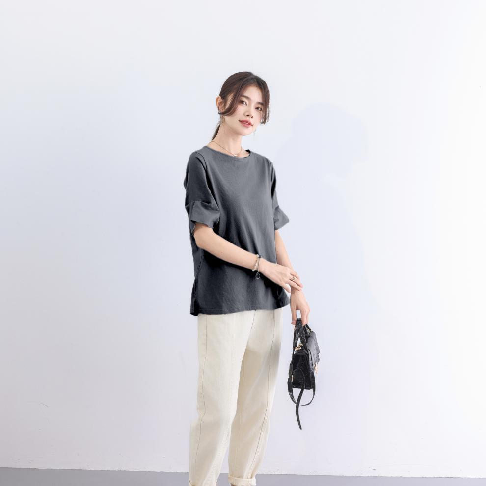 Cotton Blends T-shirt for Women Summer Japanese Solid Color Round Neck Flared Sleeve Basic Elegant Top