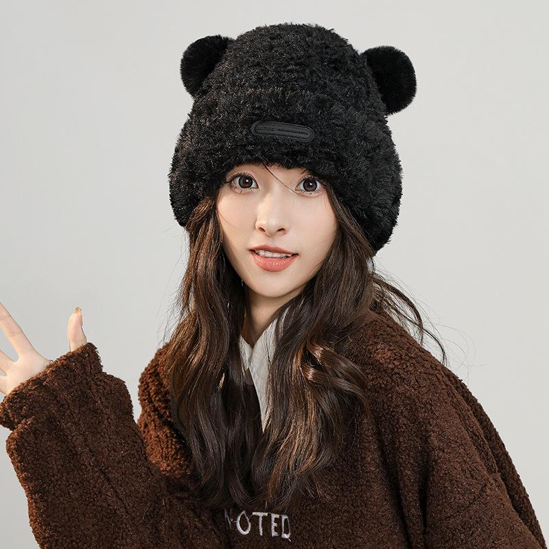 Sweet and Cute Bear Ears Knitted Hat Women's Autumn and Winter Thickened Versatile Warm Soft Waxy Plush Ear Protector Hat