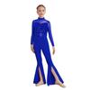 Girls Jazz Dance Costume Mock Neck Long Sleeve Cutout Back Sheer Mesh Sequins Bell Bottom Jumpsuit
