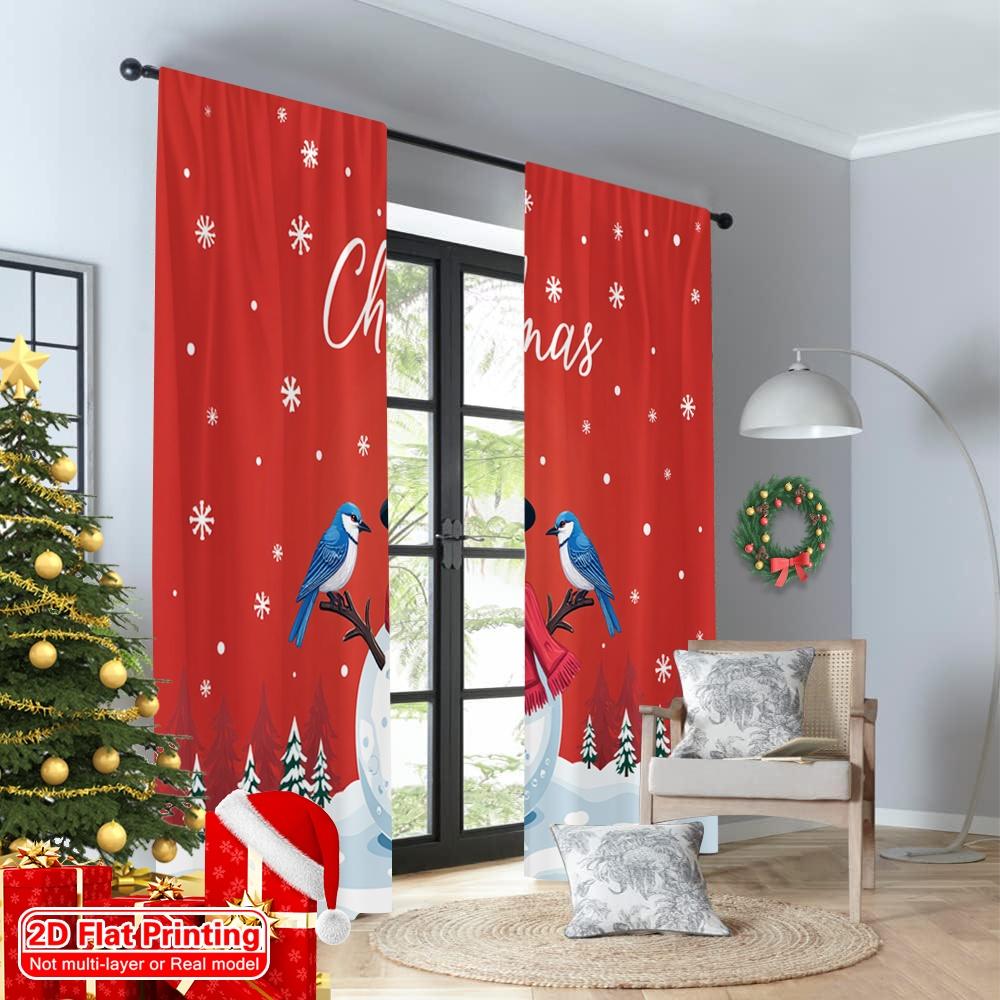 2pcs 2D Flat Printing Merry Christmas Popular Curtains Merry Christmas Snowman Cardinal Bluebird 100% Polyester Fabric Without