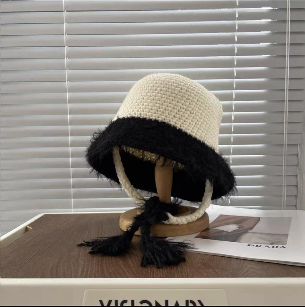 Zimowy kapelusz typu bucket damski z paskiem w dopasowanych kolorach, uroczy kapelusz podróżny, ciepły kapelusz dziergany, ochrona uszu, modny wełniany kapelusz, trend