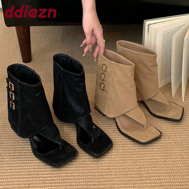 Mode Mode Schnalle Damen Knöchelsandalen Stiefel mit Absätzen Schuhe Weiblich Offene Zehen Fußbekleidung Slip On Damen Kurze Stiefeletten Zehensandalen